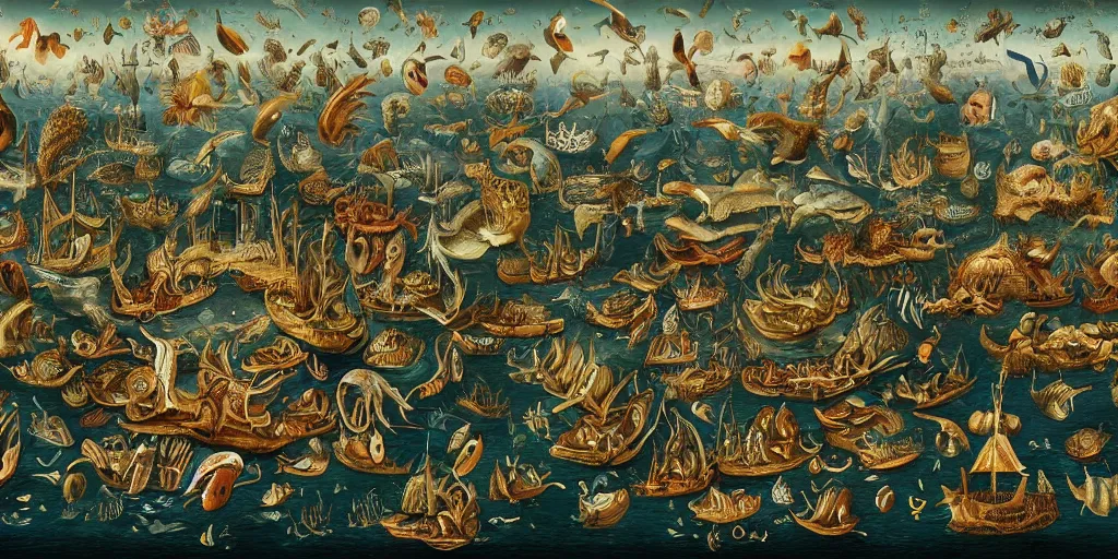 Prompt: thriving marine life in the style of heironymus bosch, beautiful intricate masterpiece, hyper detailed, hd