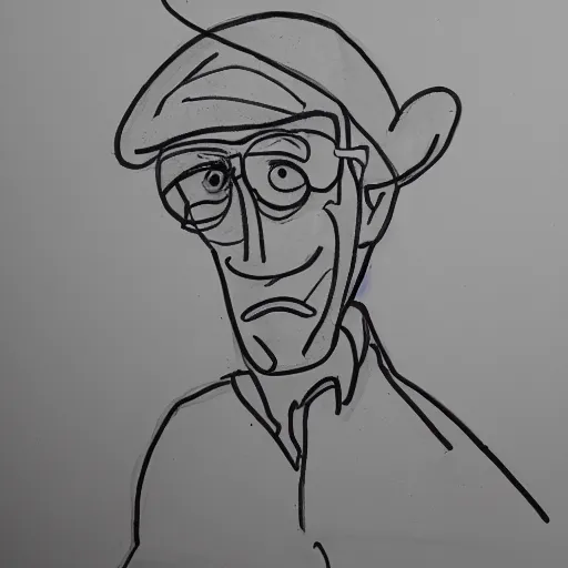 Prompt: continuous single line contour - drawing of waldo mcsimmonsberg, pen on white paper