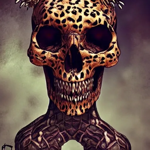 Image similar to Skull that look too much like skull!, crypt lurker!!, grasp of darkness!!!, pitchburn devils, giant terrestrial starfish!!!!!, 8k CG character rendering of a spider-like hunting female on its back, fangs extended, wearing a leopard-patterned dress, set against a white background, with textured hair and skin.