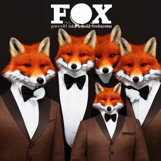 Prompt: photorealistic music album cover, with foxes animals dressed in suits, all looking at camera, studio lighting, award winning photograph, 8 5 mm f / 1. 4