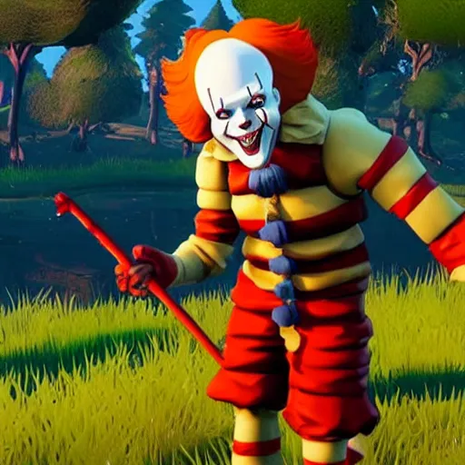 Prompt: Pennywise from it (1990) in fortnite, gameplay screenshot