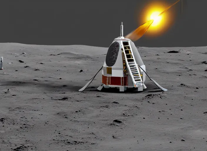 Image similar to a high-definition photograph of a large Lego rocket landing on the moon