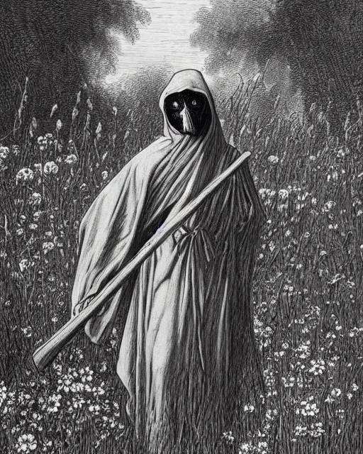 Image similar to faceless grim reaper with veil over face holding scythe at distance in beautiful meadow of flowers, detailed pencil illustration by gustave dore, highly detailed, centered, high resolution, smooth, sharp focus, illustration