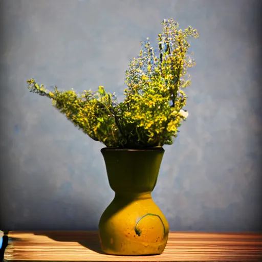 Prompt: dslr photo of a vase on a table, 55mm