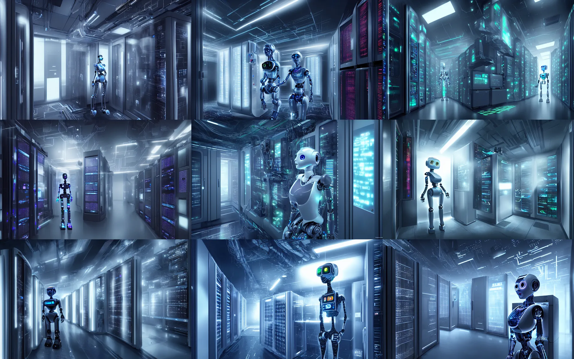 Prompt: portrait vallie robot in a data center room, concept art, cyberpunk, high detail, 4 k