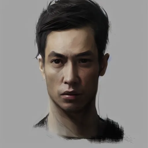 Image similar to Portrait of a man by Greg Rutkowski, he is about 30 years old, mixture between russian and chinese, short black hair, attractive, smart looking, he is wearing a utilitarian beige and black jumpsuit, highly detailed portrait, scifi, digital painting, artstation, concept art, smooth, sharp foccus ilustration, Artstation HQ