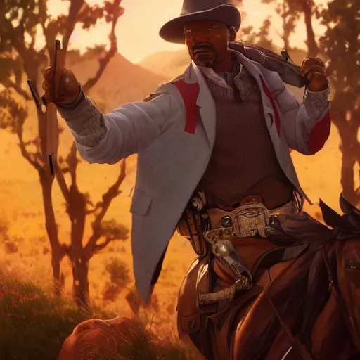 Image similar to old jamie foxx as a cowboy, single subject, scenic full shot, ambient lighting, detailed face, by makoto shinkai, stanley artgerm lau, wlop, rossdraws