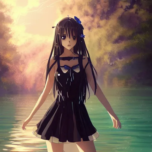 Image similar to a very beautiful anime girl wearing a dress made of water standing in a crystal lake , full body, long black hair, azure blue watery eyes, full round face, seductive stare, cinematic lightning, medium shot, mid-shot, highly detailed, trending on artstation, Unreal Engine 4k, Stanley Artgerm Lau, WLOP, Rossdraws, James Jean, Andrei Riabovitchev, Marc Simonetti, and Sakimichan