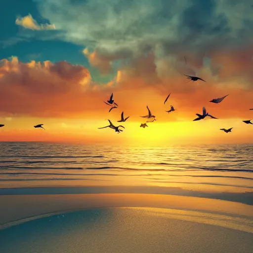 Image similar to beautiful sunset at the beach with birds and clouds, surreal, intricate details, octane render, hype realistic