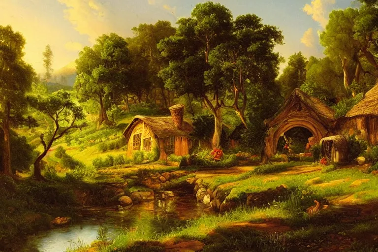 Image similar to asher brown durand oil painting on canvas of tolkien's the shire hobbiton