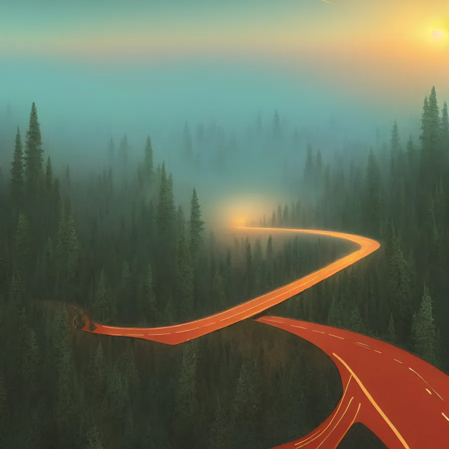 Prompt: surrealist semiabstract rendition of a single epic highway road going down to the horizon through a thick pine forests and rocky mountain coasts plunging into an immense sunset. bird view, atmospheric foggy landscape, psychedelic, ultra realistic, modern art, photorealistic, octane render, by nori inoguchi and sam kaplan and zachary goulko and christopher marley