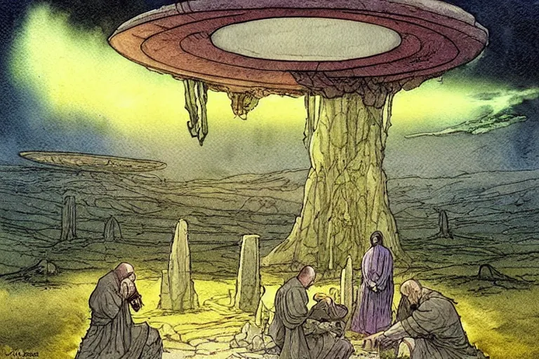 Image similar to a realistic and atmospheric watercolour fantasy concept art of a ufo landing in a floating stonehenge. one dirty medieval monk in grey robes is on his knees praying to the ufo. muted colors. by rebecca guay, michael kaluta, charles vess and jean moebius giraud