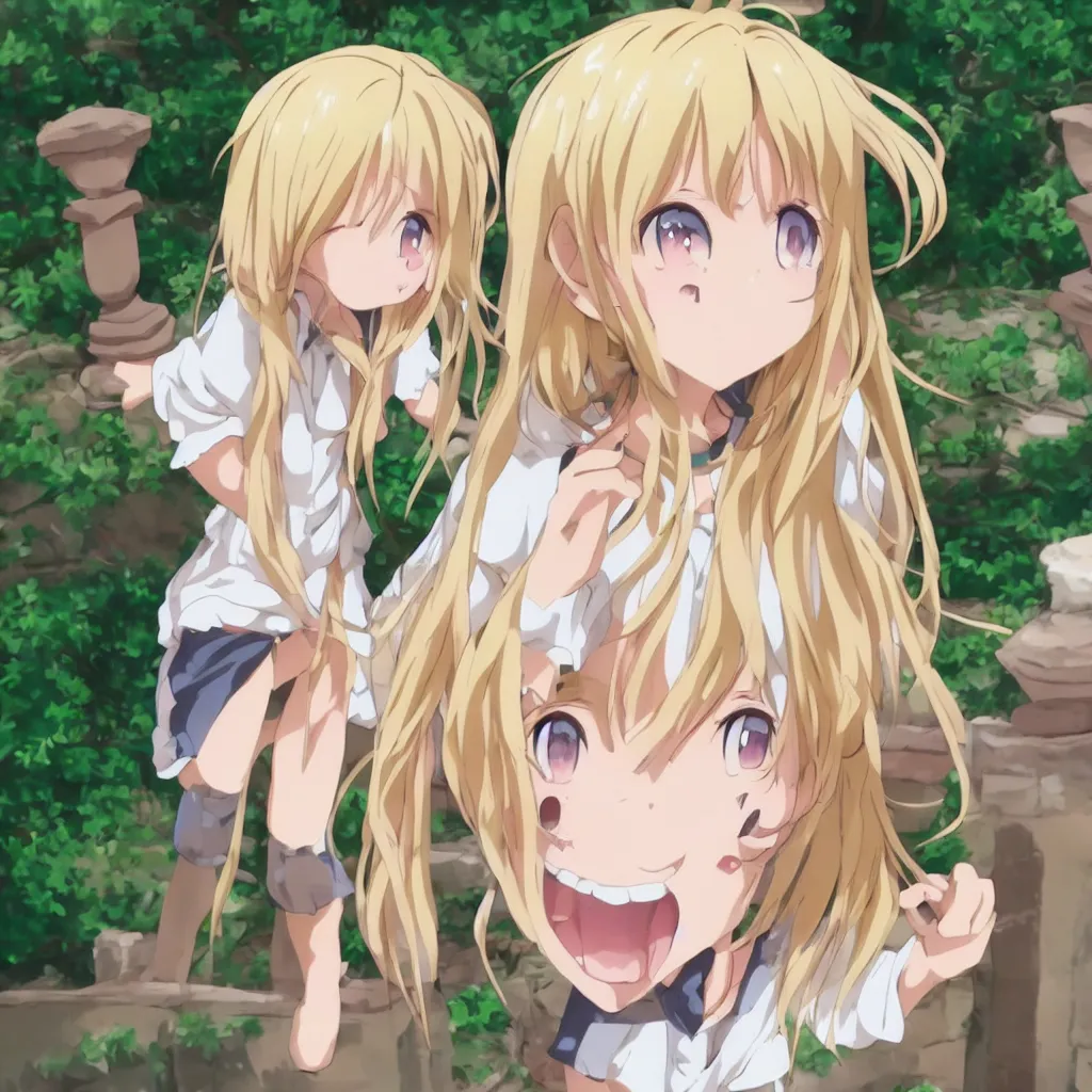 Image similar to close up portrait of a very cute blonde anime girl idol walking at the garden, mouth open, cheeky, in the style of anime, near a stone gate