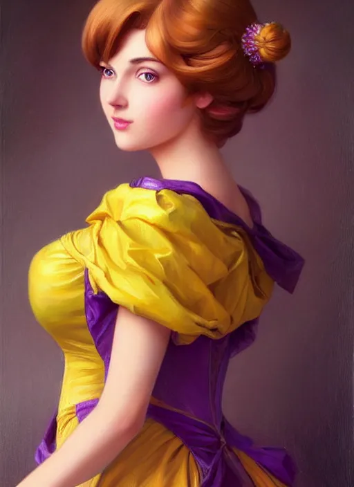 Image similar to princess peach, brown hair, bob cut, yellow highlights, bright purple ball gown, beautiful face, oil on canvas, art station, beautiful brown eyes, by j. c. leyendecker and edmund blair leighton and charlie bowater, beautiful face, octane, very aesthetic, stunning beautiful brown eyes