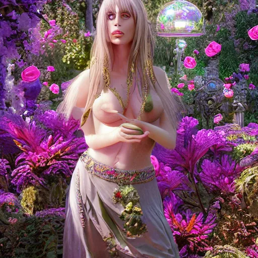 Prompt: Beautiful full-length 20mm mid-distance photograph of young Rosanna Arquette in an ornate Flowerpunk garden with 3D glass and crystal statues, extreme detail, CG society, 3D sculpture, Zbrush, fractals, volumetric lighting, cinematic, perfect face, perfect eyes, photorealistic, photograph