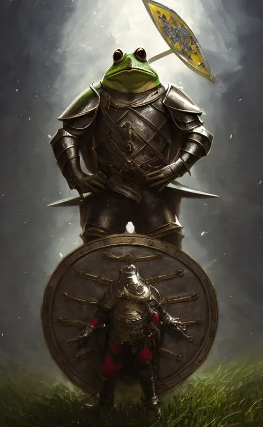 Prompt: a frog, dressed as a knight, holding up a large shield, battle armor, atmospheric lighting painted intricate volumetric lighting, beautiful, sharp focus, ultra detailed by leesha hannigan, ross tran, thierry doizon, kai carpenter, ignacio fernandez rios, makoto shinkai, sharp, mindblowing, 4 k uhd, 8 k