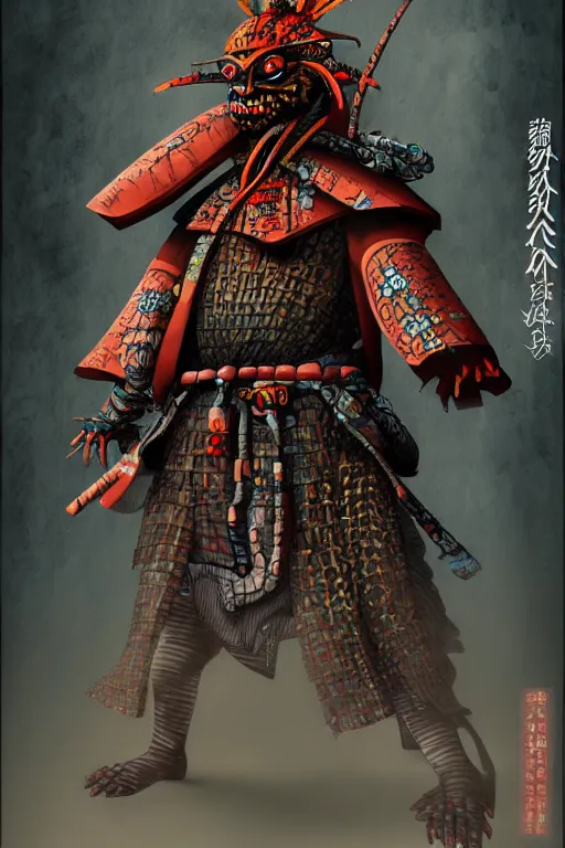 Prompt: samurai yokai cyberpunk kaiju shaman, character concept art by rembrandt van rijn