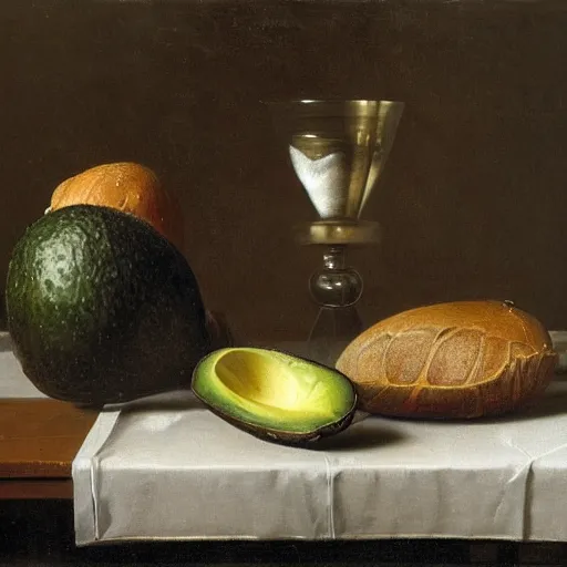 Image similar to still life by willem claesz heda, avocados, chalice, fly, linen, bread