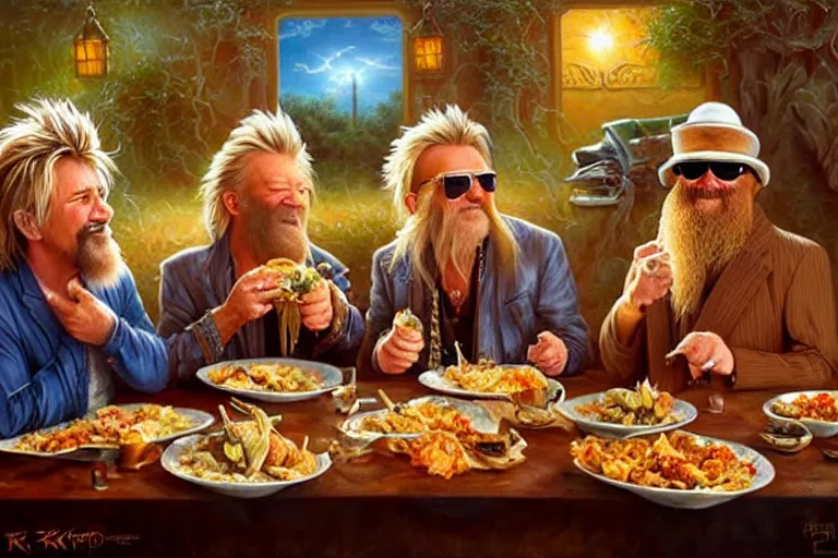 Image similar to rod stewart eating tacos with zz top, an oil painting by ross tran and thomas kincade