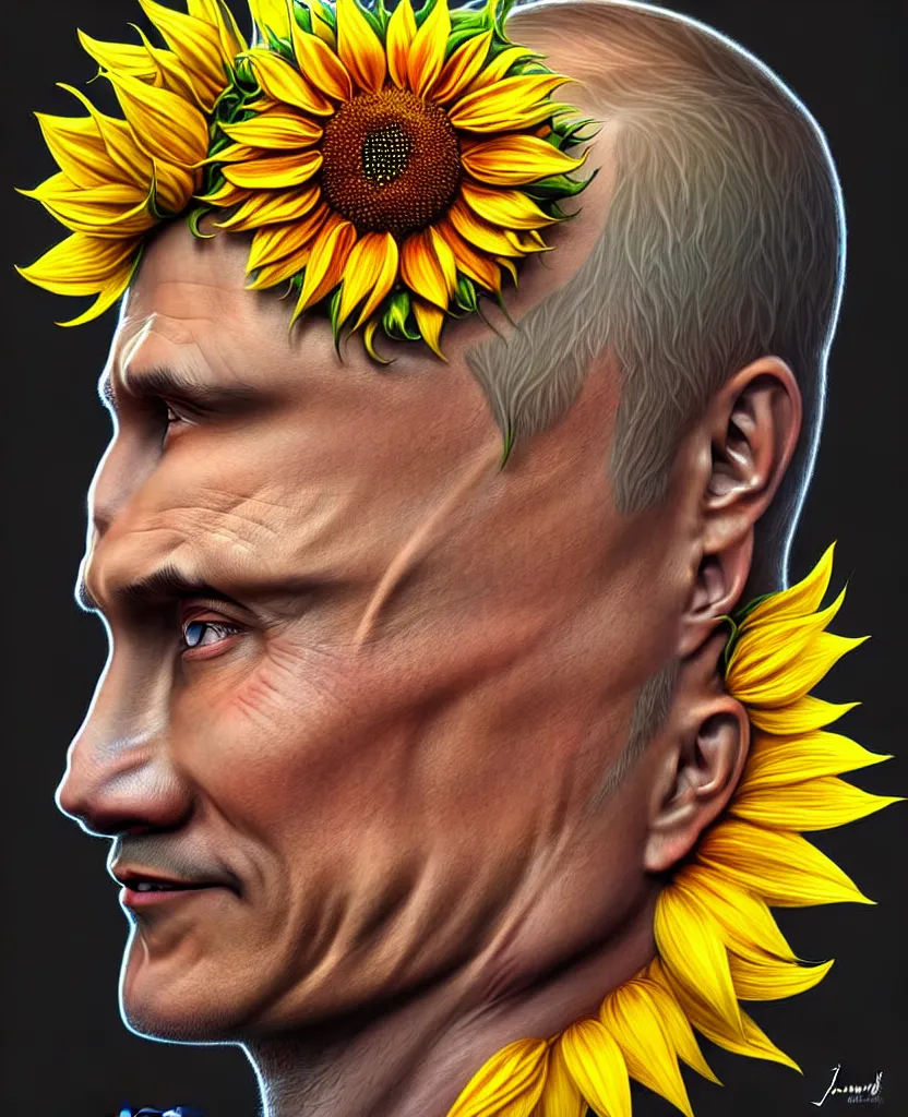 Image similar to digital art, centered full body of Putin smiling king, Sunflower crown, ,intricate, veins, by James Jean and by artgerm , by ross tran ultradetailed, charachter design, concept art, trending on artstation,