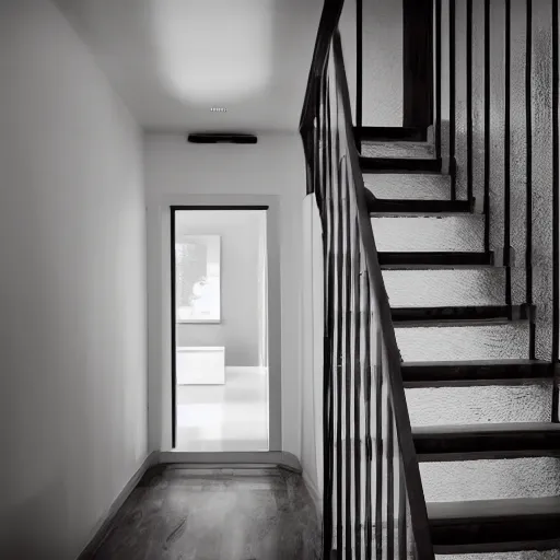 Image similar to scary monster with elongated arms descending a staircase in a home, natural lighting, realistic