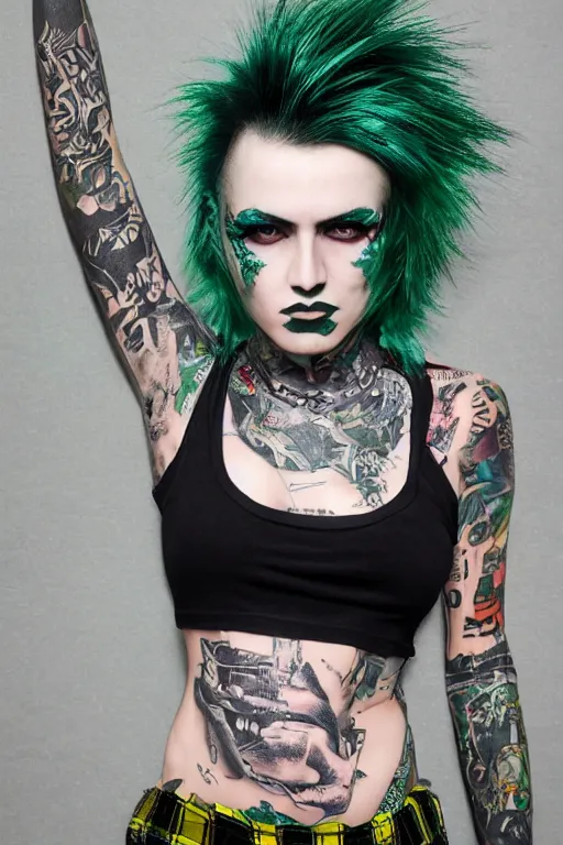 Image similar to upper body portrait punk woman with green mohawk, covered in goth style tattoos, wearing a bold tees shirt, fishnets and a long tartan skirt, intimidating, max details, hyperrealistic, photorealistic, ultra - realistic, ultra - detailed, cinematic, 8 k resolution by alan lee