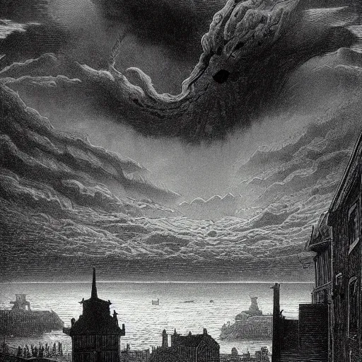 Image similar to Innsmouth, H.P. Lovecraft, dark clouds, dark, eerie, dystopian, city, eldritch, illustration by Gustave Doré