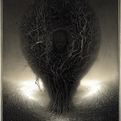 Prompt: infinitely macabre ominous radiance ethereality quantum sadness crystalization of your yearning to live by gustave dore and james gurney and godmachine dzo olivier