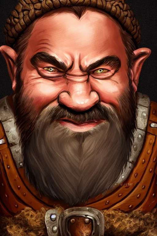 Image similar to head and shoulders portrait in a tavern of a dwarf adventurer, jovial, scarred lip, grandfatherly, leather armor, male, high fantasy, d & d, by hans zatka, face details, extremely detailed, digital illustration