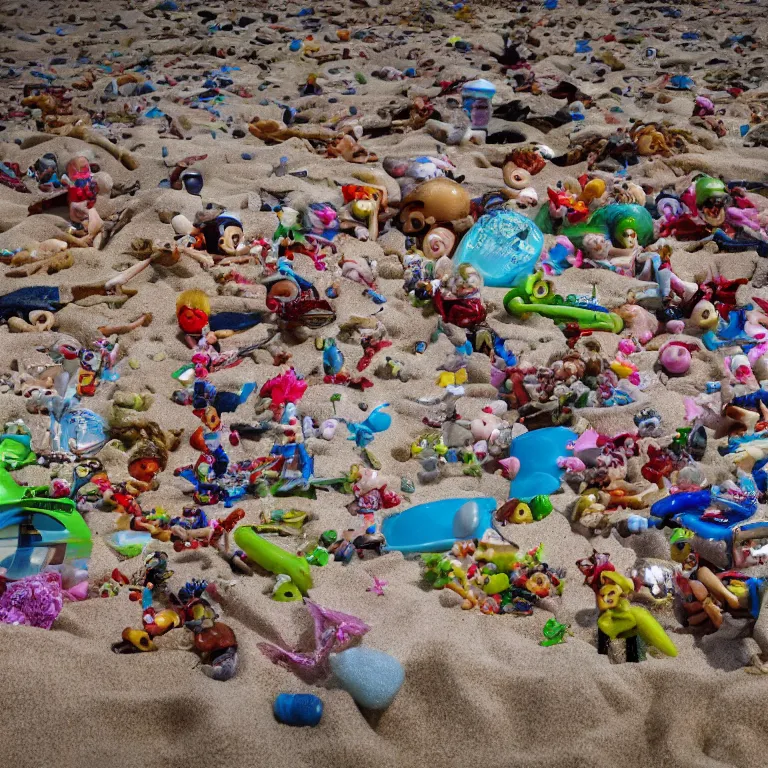 Prompt: surreal hyperrealistic photograph of a beach, toy dolls and parts of toy dolls strewn about, shot toward the ocean, wide shot, long shot