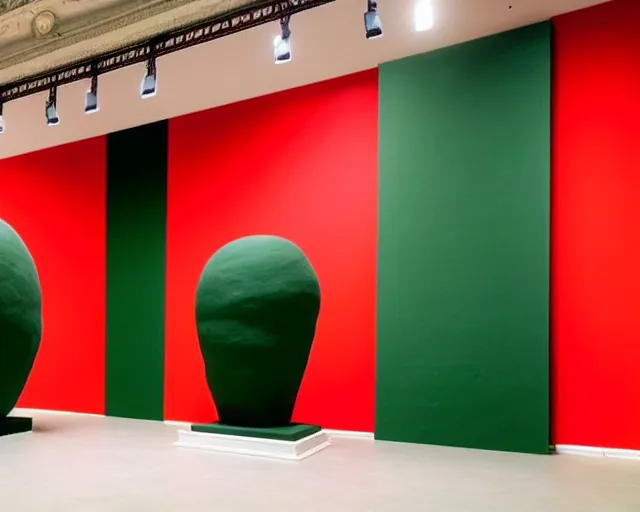 Prompt: city sized clay sculpture in a huge room. a green red and black painting by Magritte