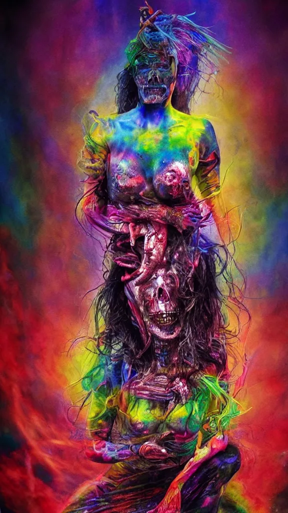 Image similar to the most beautiful supermodel girl burning with unseen colors, photo pic taken by gammell + giger + mcfarlane + del toro + divine god + after life+ realistic delights, rainbow colors drip