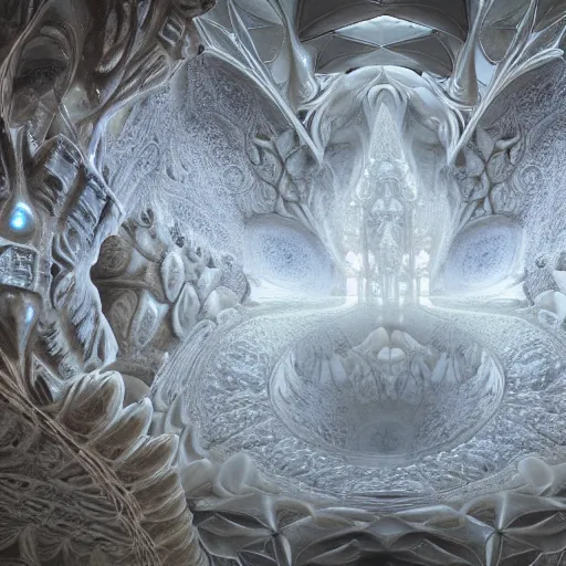 Image similar to a hyperrealistic 3 d painting of a huge sprawling fractal cathedral interior populated by mandelbrot fractals by android jones, unreal engine, carved stone, carved soap, white color scheme, volumetric lighting, octane render, dramatic lighting, glowing, carved marble, opalescent, sacred geometry, religious, angelic, catholicpunk, stark, 8 k, ultra detailed