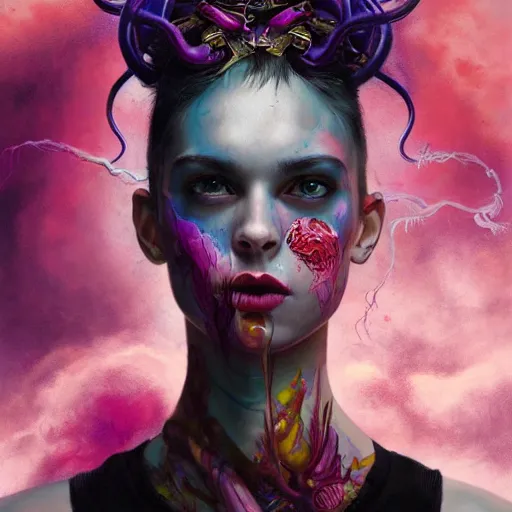 Image similar to art portrait of a furious girl with purple tentacles on her head, 8 k, by tristan eaton, stanley artgermm, tom bagshaw, greg rutkowski, carne griffiths, trending on deviantart, face enhance, hyper detailed, full of colour,