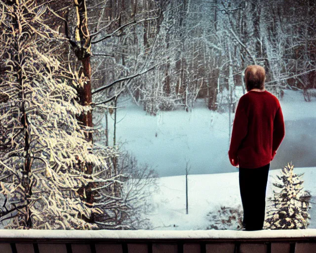 Image similar to lomographic tarkovsky film still of 4 0 years russian man with beard and sweater standing on small hrushevka 9 th floor balcony full with cigarette smoke in winter taiga looking at sunset, cinestill, bokeh