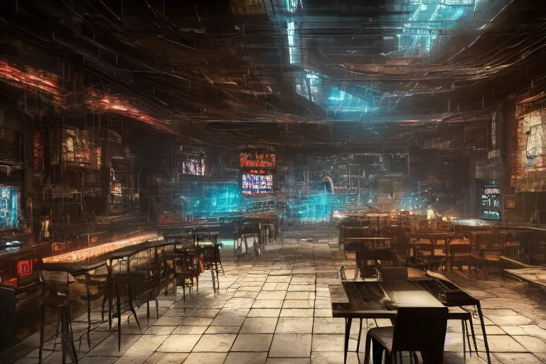 Image similar to ultra mega super hyper realistic Digital concept interior design of cyberpunk tavern with stone walls and neon lights, a lot of electronics, many details in style of Hiromasa Ogura. Natural white sunlight from the transperient roof. Rendered in VRAY and DaVinci Resolve and MAXWELL and LUMION 3D, Volumetric natural light