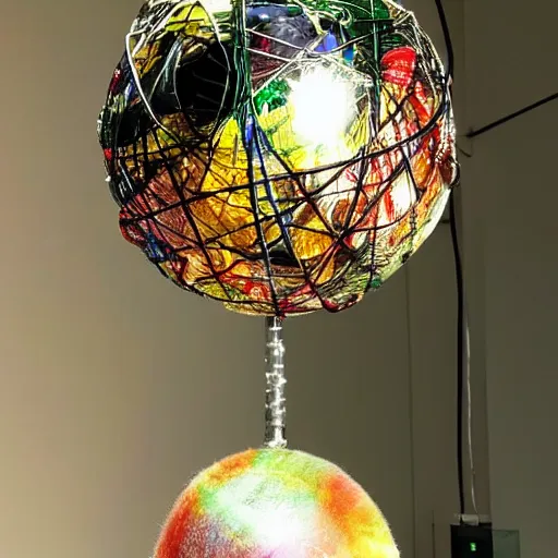 Prompt: Vivienne Westwood orb pendant surrounded by network cables and garbage and trash against a silk backdrop”