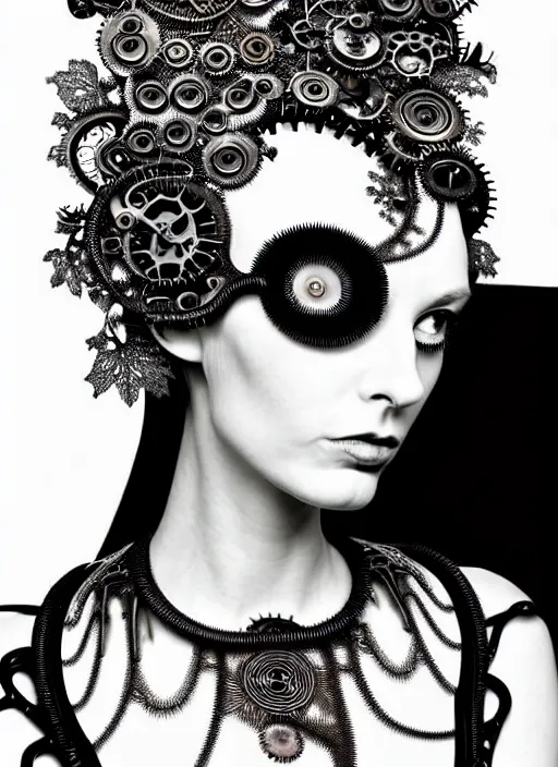 Image similar to surreal black and white photo portrait of complex bio-mechanical beautiful young female vegetal-cyborg with a Mandelbrot fractal steampunk metal fine lace face, curled silver hair and a fine metal floral foliage super big lace collar by Alexander McQueen:: high fashion, haute couture, rococo, steampunk, silver filigree details, anatomical, facial muscles, cable wires, microchip, elegant, hyper realistic, 150 mm lens, soft rim light, octane render, unreal engine, volumetric lighting, 8k,