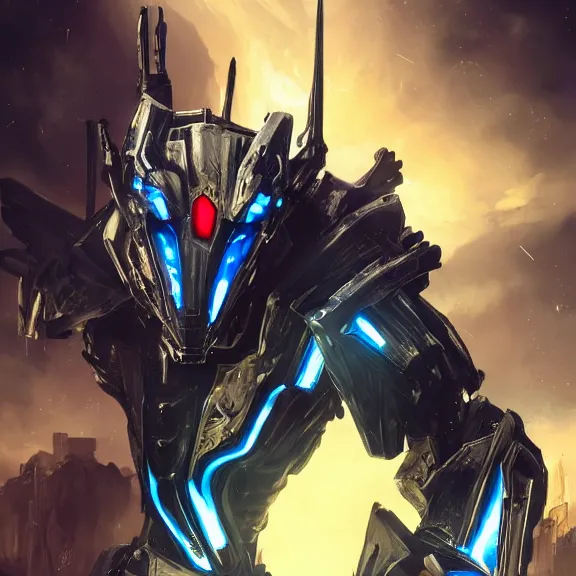 Image similar to cinematic shot, 35 foot tall extremely detailed beautiful handsome quadrupedal western robot mecha dragon, sharp edged black armor, shining gold accents around the edges, sleek OLED blue visor for eyes, four legs, walking in busy neon city streets, sharp claws, epic shot, highly detailed art, sci fi, furry, 3D realistic, warframe fanart, destiny fanart, furry art, dragon art, feral art, macro art, furaffinity, DeviantArt, sofurry