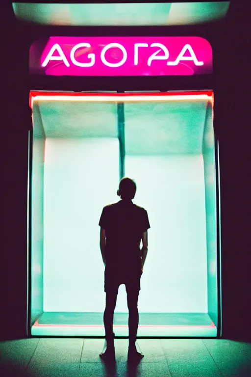 Image similar to agfa vista 4 0 0 photograph of a guy standing in front of an arcade machine, synth vibe, vaporwave colors, lens flare, moody lighting, moody vibe, telephoto, 9 0 s vibe, blurry background, grain, tranquil, calm, faded!,