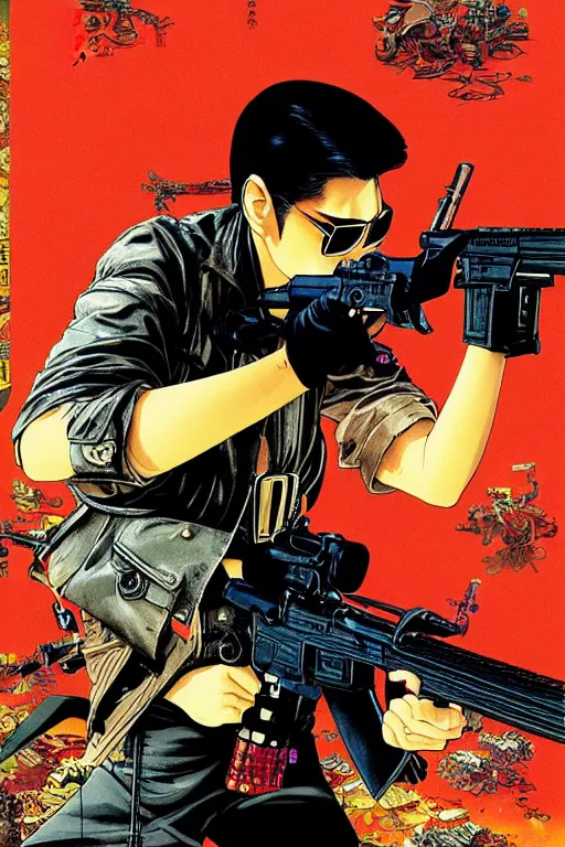 Prompt: poster of chow yun - fat wearing shades and shooting guns, by yoichi hatakenaka, masamune shirow, josan gonzales and dan mumford, ayami kojima, takato yamamoto, barclay shaw, karol bak, yukito kishiro