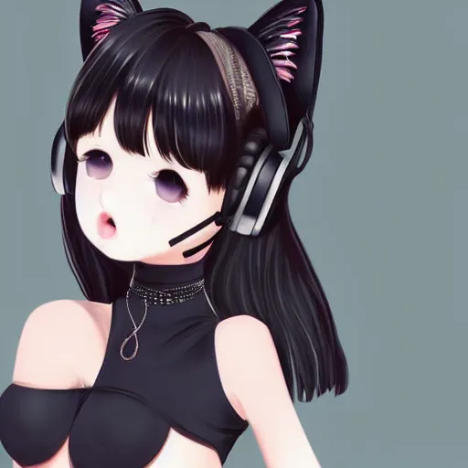 Prompt: realistic beautiful gorgeous buxom natural cute blushed shy girl Blackpink Lalisa Manoban black hair cute fur black cat ears, wearing white camisole, headphones, black leather choker artwork drawn full HD 4K highest quality in artstyle by professional artists WLOP, Taejune Kim, Guweiz, Aztodio on Pixiv Instagram Artstation
