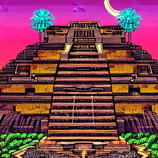 Image similar to ancient aztec structure, epic retrowave art, trending on art station