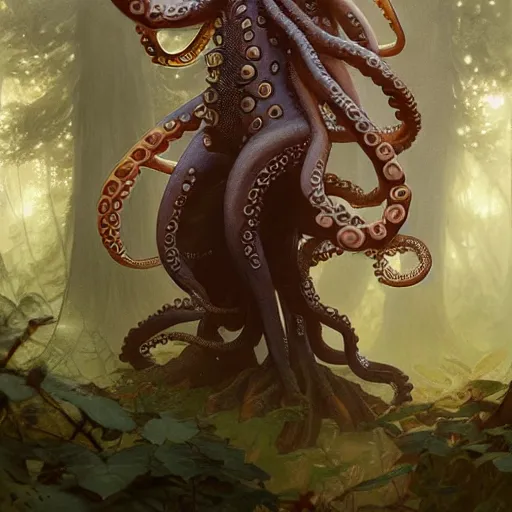 Image similar to photo of a humanoid octopus hybrid were a heroic dress an armour in the forest, long hair, highly detailed, digital painting, artstation, smooth, sharp focus, illustration, art by artgerm and greg rutkowski and alphonse mucha