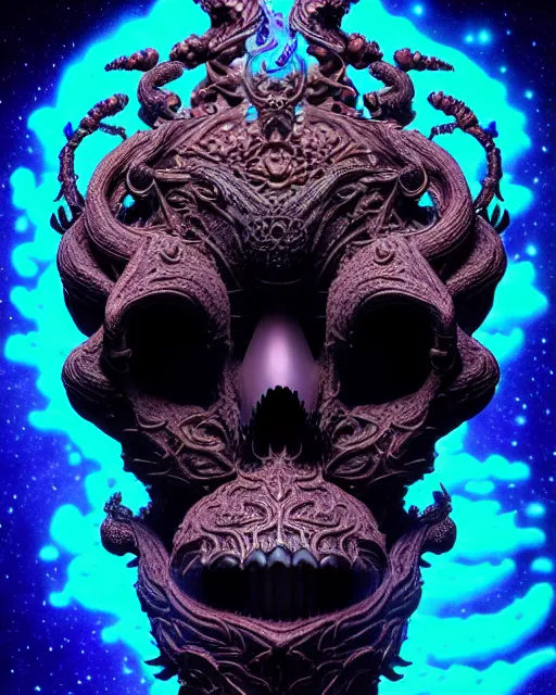Prompt: 3 d ornate carved dark cosmic spirit with profile portrait, sigma 5 0 0 mm f / 5. beautiful intricate highly detailed quetzalcoatl skull. bioluminescent, plasma, lava, ice, water, wind, creature, thunderstorm! artwork by tooth wu and wlop and beeple and greg rutkowski, 8 k trending on artstation
