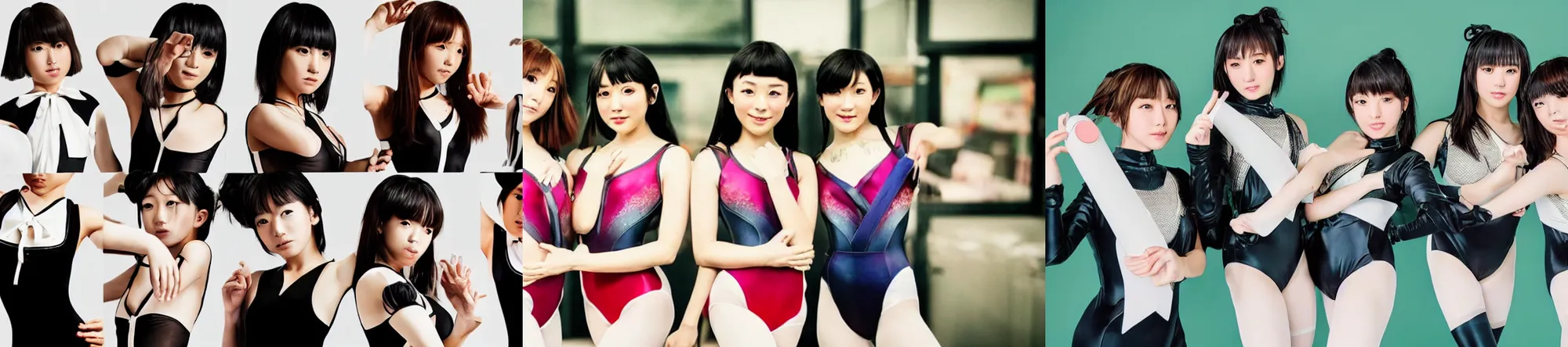 Prompt: unbelievably beautiful, perfect, dynamic, epic, cinematic 8 k hd movie shot, three beautiful cute young j - pop av idols actresses in japanese girl band, posing together in leotards. hollywood style, at behance, at netflix, with instagram filters, photoshop, adobe lightroom, adobe after effects, taken with polaroid kodak portra