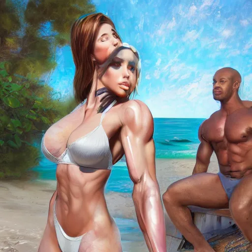 Image similar to bodybuilder amouranth at the beach, au naturel, hyper detailed, digital art, trending in artstation, cinematic lighting, studio quality, smooth render, unreal engine 5 rendered, octane rendered, art style by klimt and nixeu and ian sprigger and wlop and krenz cushart