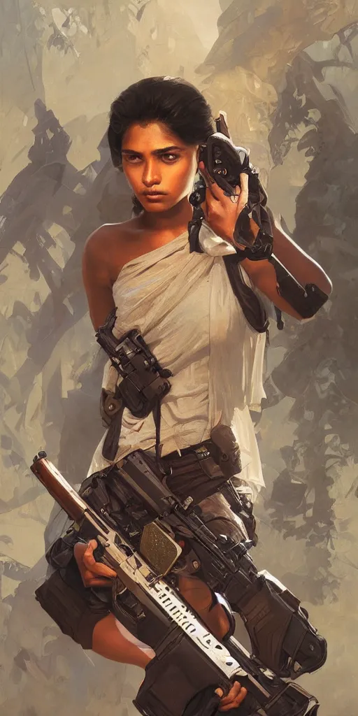 Image similar to sri lankan girl with a gun, angery emotion, intricate, elegant, highly detailed, digital painting, artstation, concept art, smooth, sharp focus, illustration, art by artgerm and greg rutkowski and alphonse mucha