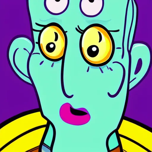 Image similar to handsome squidward as male, colorful, detailed lines, cartoon, pop art style, portrait, detailed painting