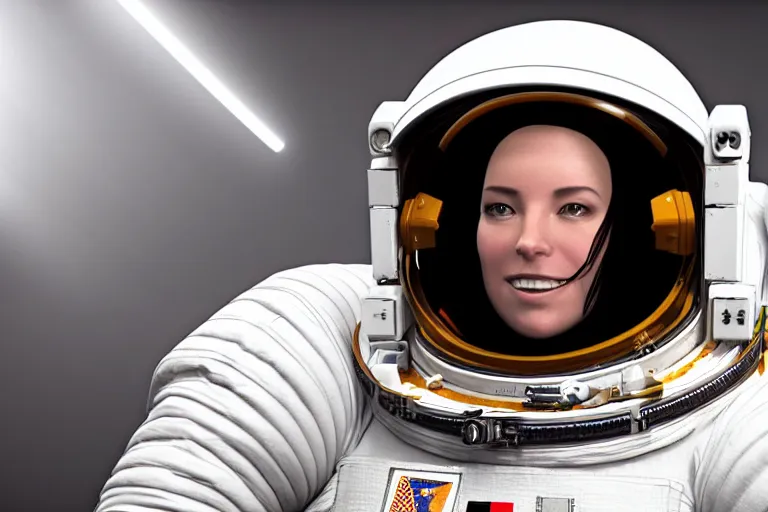 Image similar to astronaut in space wearing a spacesuit floating, highly detailed, photorealistic portrait, bright studio setting, studio lighting, crisp quality and light reflections, unreal engine 5 quality render